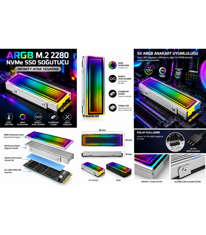 ARGB M.2 NVMe SSD Soğutucu Gri Gümüş Infinity Ayna