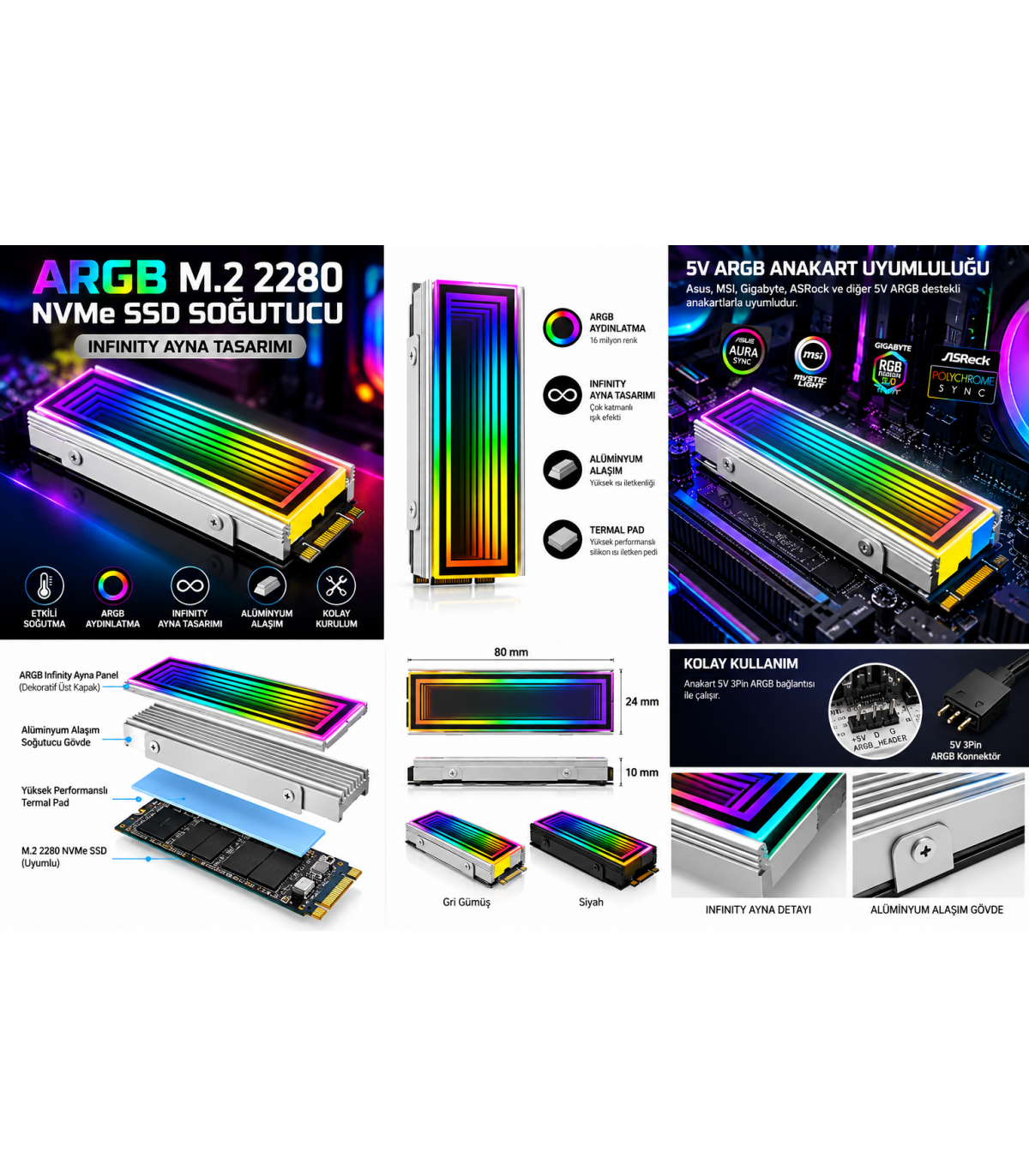 ARGB M.2 NVMe SSD Soğutucu Gri Gümüş Infinity Ayna